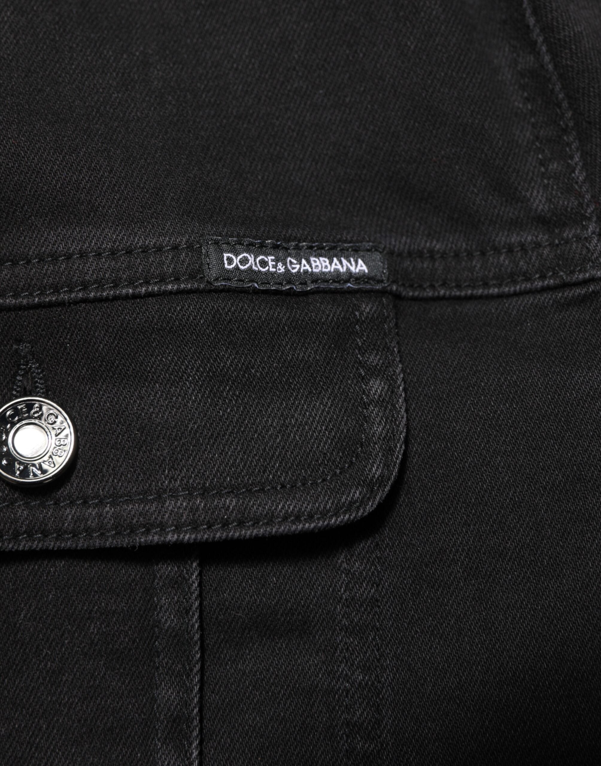 Black Cotton Denim Stretch Button Up Jacket