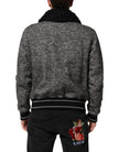 Gray Wool Herringbone Shearling Collar Bomber Jacket