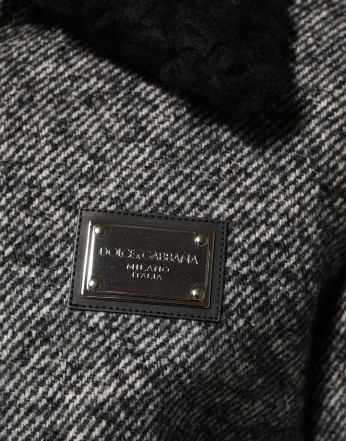 Gray Wool Herringbone Shearling Collar Bomber Jacket