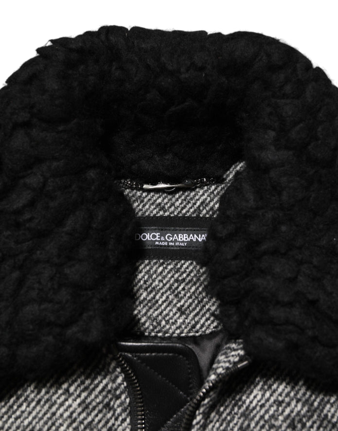 Gray Wool Herringbone Shearling Collar Bomber Jacket