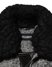 Gray Wool Herringbone Shearling Collar Bomber Jacket