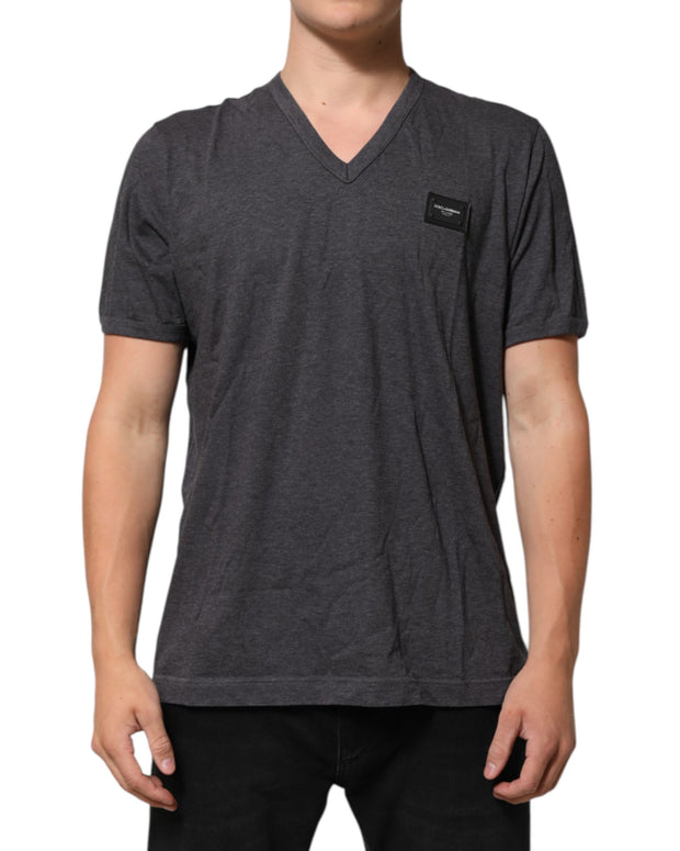 Grey Cotton V-Neck Logo Plaque Melange T-Shirt