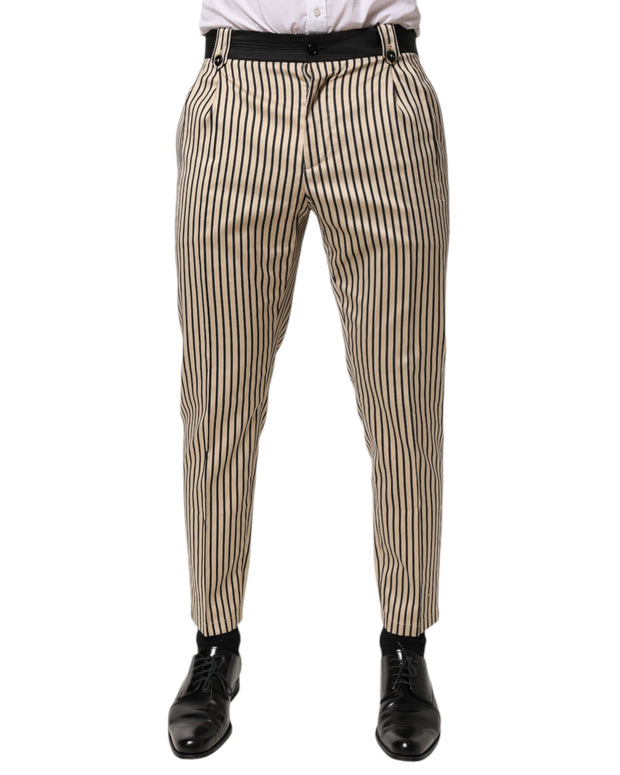 Beige Black Striped Cotton Slim Fit Trousers Pants