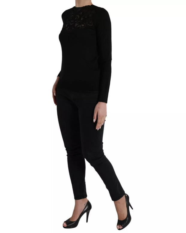 Black Silk Lace Trim Long Sleeves Blouse Top