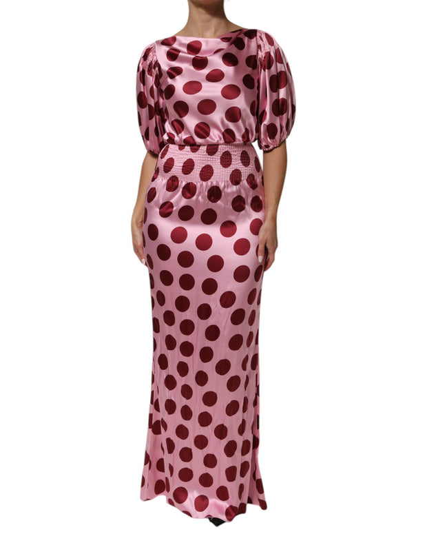 Pink Red Polka Dot Silk Satin Maxi Gown Dress