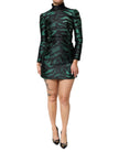 Black Green Metallic Jacquard Mini Long Dress