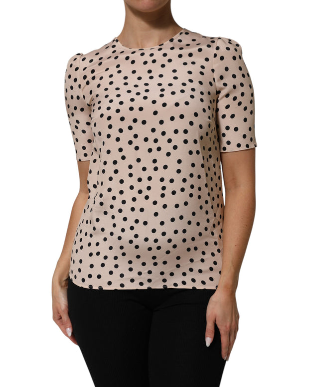 Beige Black Polka Dot Silk Short Sleeve Blouse Top