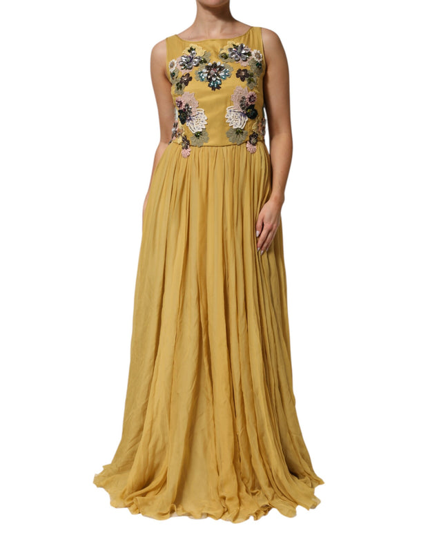 Yellow Silk Floral Embroidered Maxi Dress