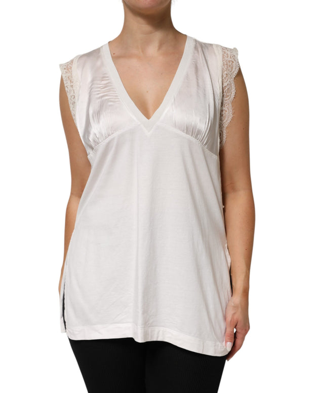 White Silk Blend Lace Trim Sleeveless V-Neck Women’s Top