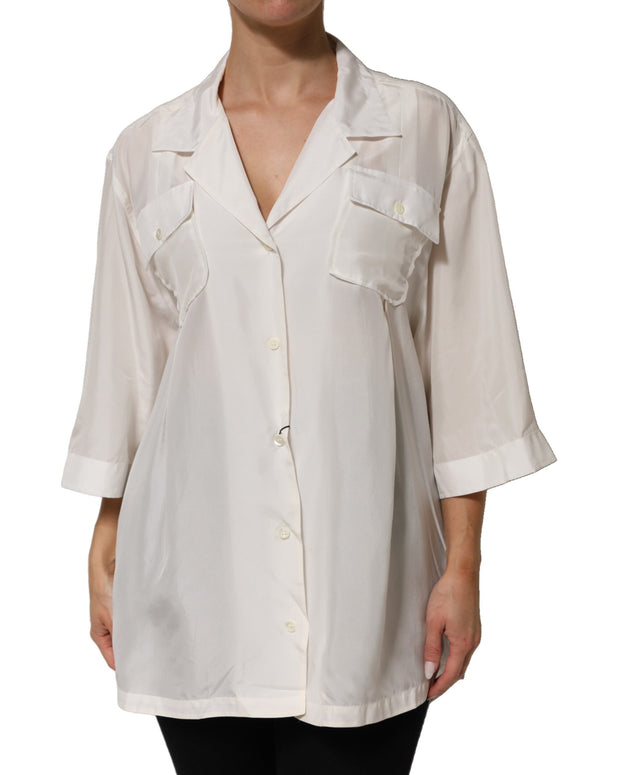 White Silk Collared 3/4 Sleeves Blouse Top