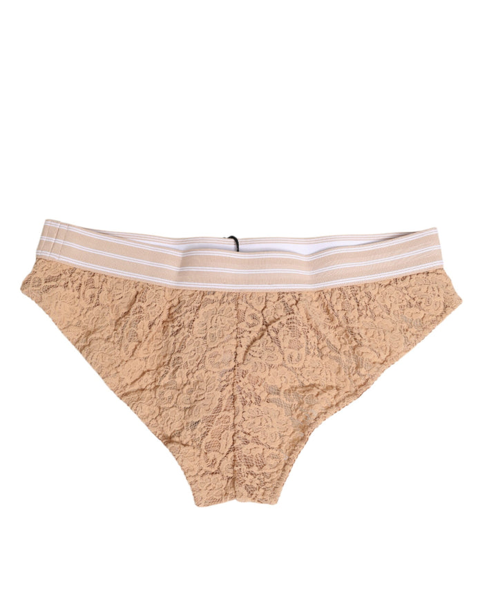 Beige Lace Brasiliano Briefs Logo Waistband Underwear