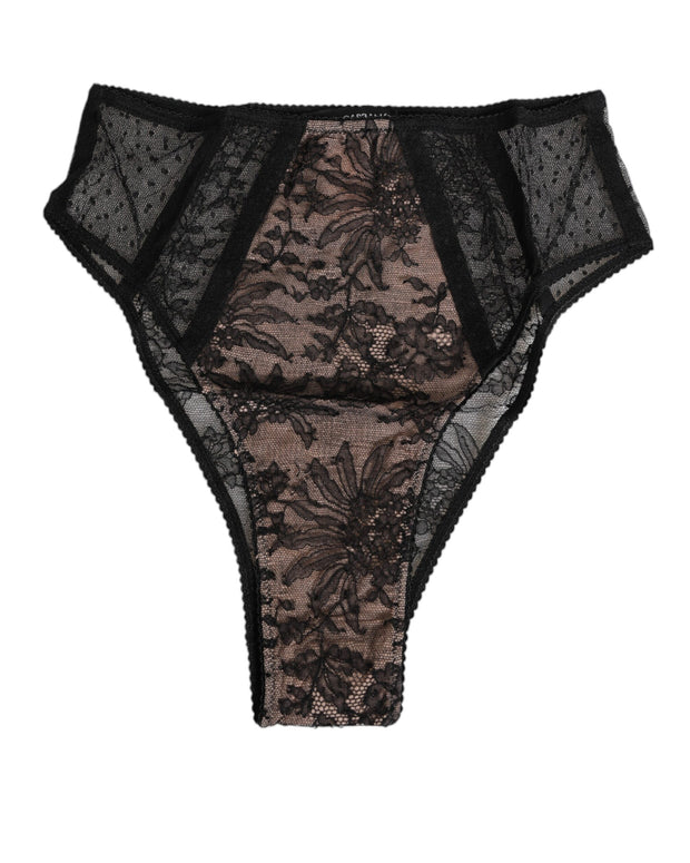 Black Floral Lace Sheer Mesh High Waist Underwear