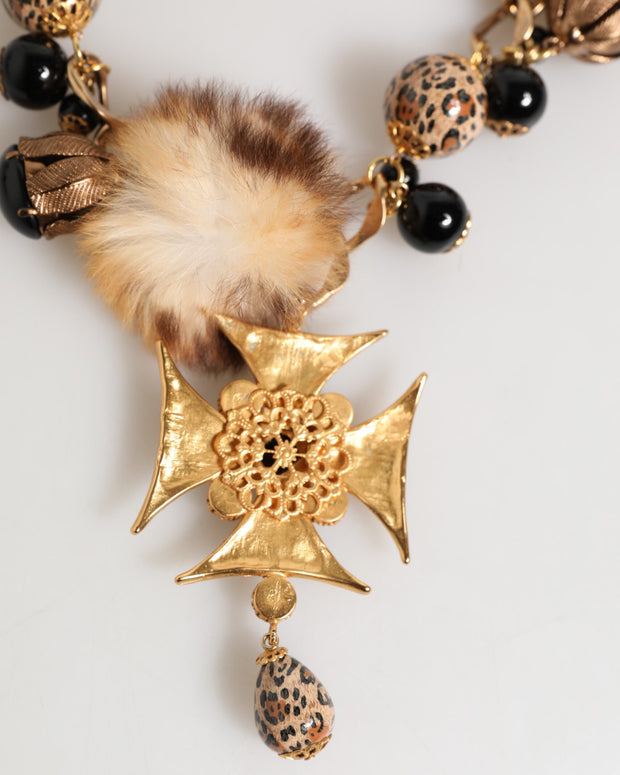 Gold Black Crystals Lapin Fur Filigree Choker Necklace
