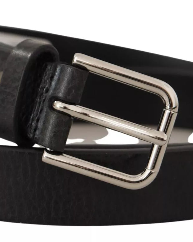 Calf Leather Silver Tone Black Metal Buckle Belt