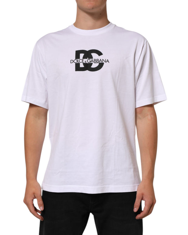 White Logo Print Cotton Crew Neck Men T-shirt