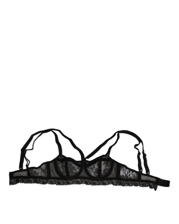 Black Floral Lace Nylon Balconcino Bra Underwear