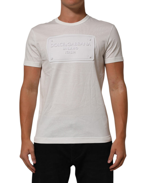 White Logo Patch Cotton Crew Neck Men T-shirt