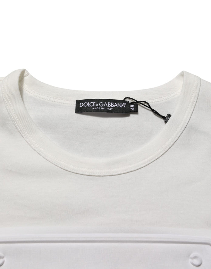 White Logo Patch Cotton Crew Neck Men T-shirt