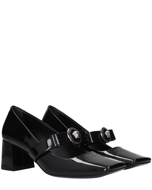 Black Leather Mid Heel Pumps