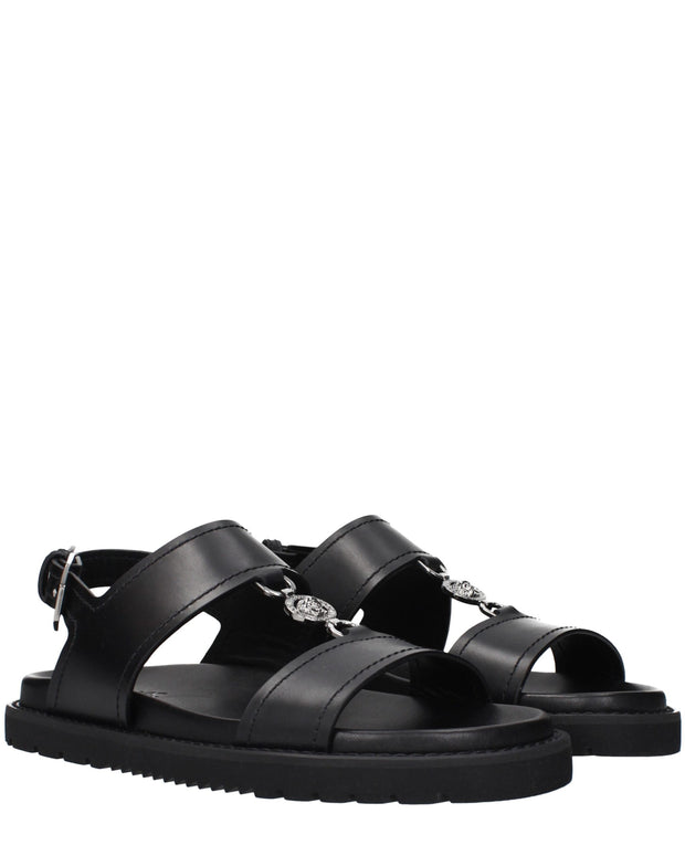 Black Leather Flat Sandals