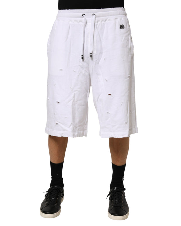 White Distressed Cotton Men Bermuda Shorts