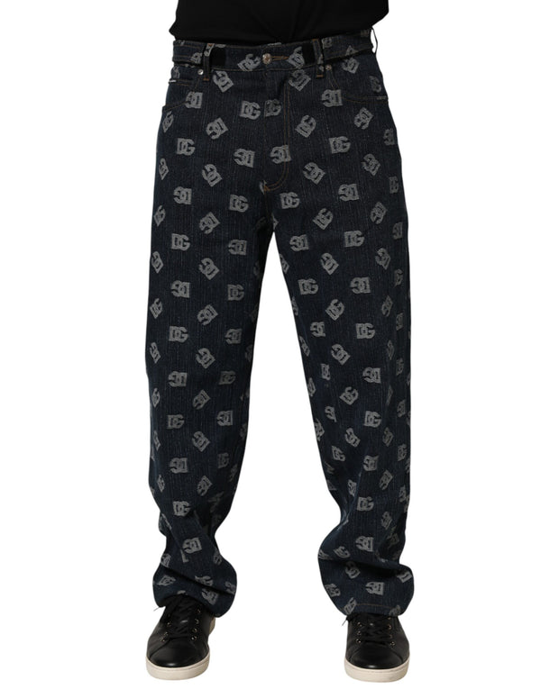 Blue Logo Print Straight Denim Men Jeans