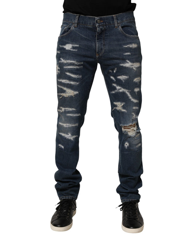 Blue Tattered Cotton Skinny Men Denim Jeans