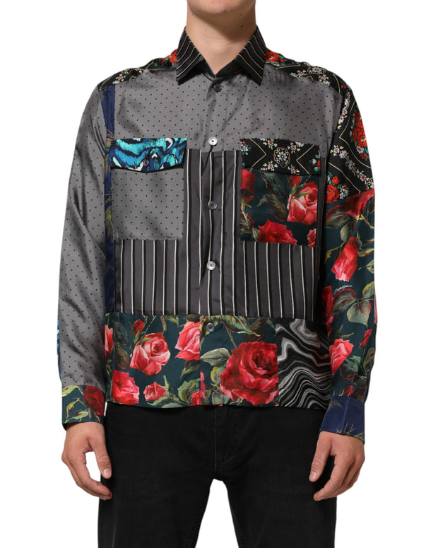 Multicolor Patchwork Long Sleeves Silk Shirt