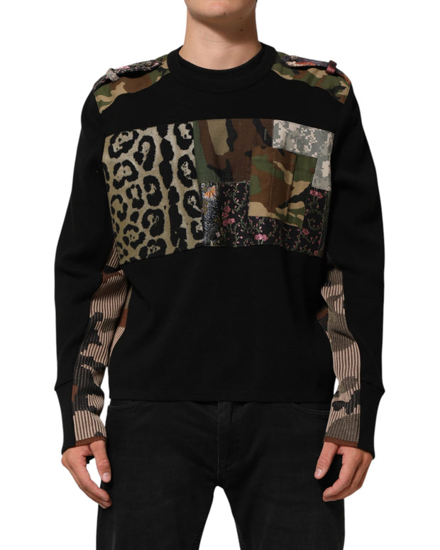 Black Patchwork Crew Neck Pullover Sweater