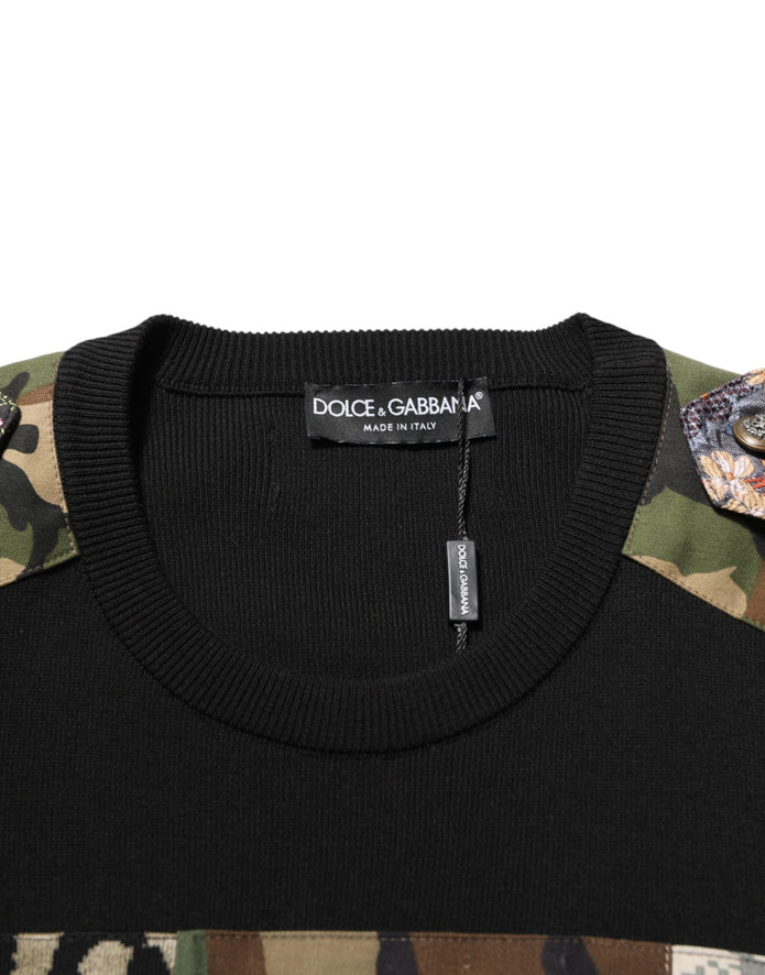 Black Patchwork Crew Neck Pullover Sweater
