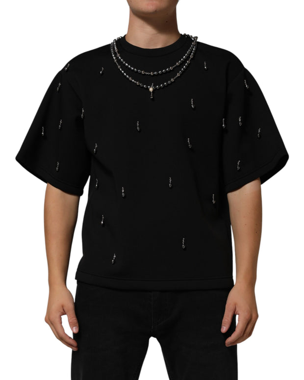 Black Polyester Necklace Embellished T-shirt