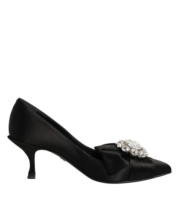 Black Satin Bow Crystal Embellishment Pumps Shoes