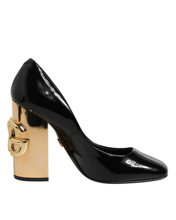 Black Gold Patent Leather Logo Heels Pumps Shoes