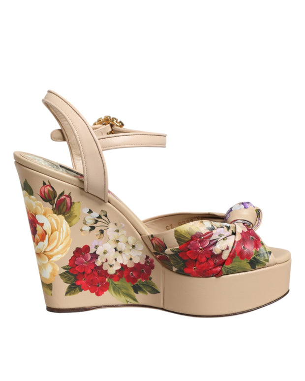 Beige Floral Ankle Strap Wedge Sandals Shoes