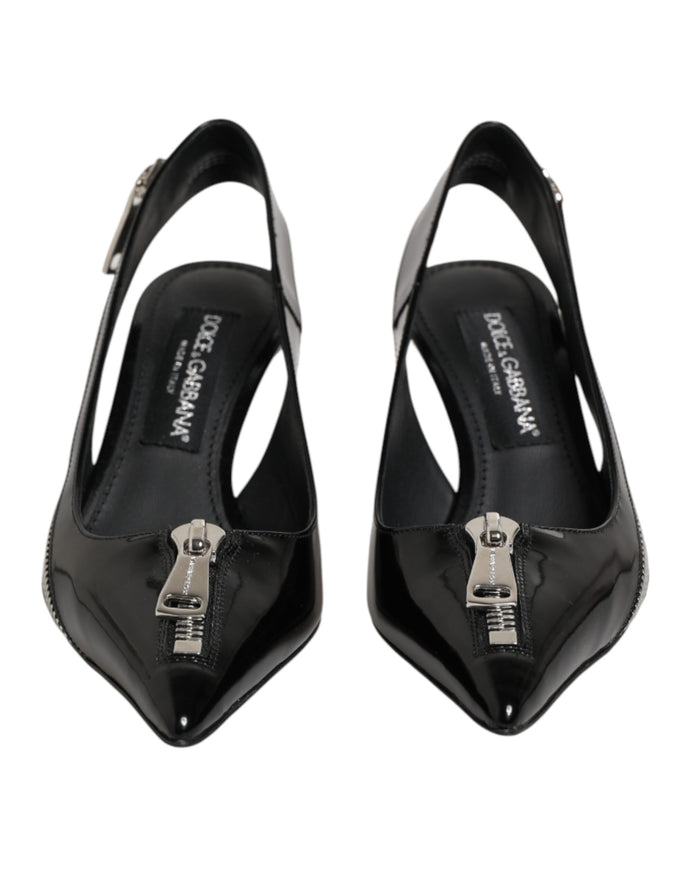 Black Zipper Leather Heels Slingbacks Shoes