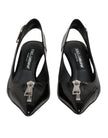 Black Zipper Leather Heels Slingbacks Shoes