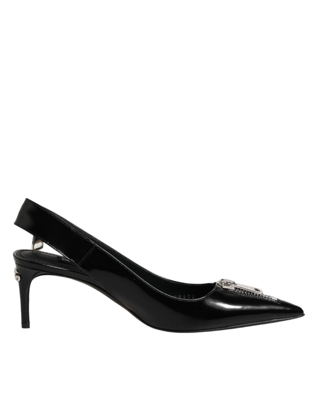 Black Zipper Leather Heels Slingbacks Shoes