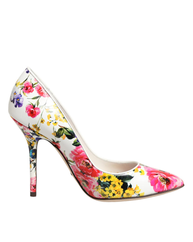 White Floral Leather High Heels Pumps Shoes