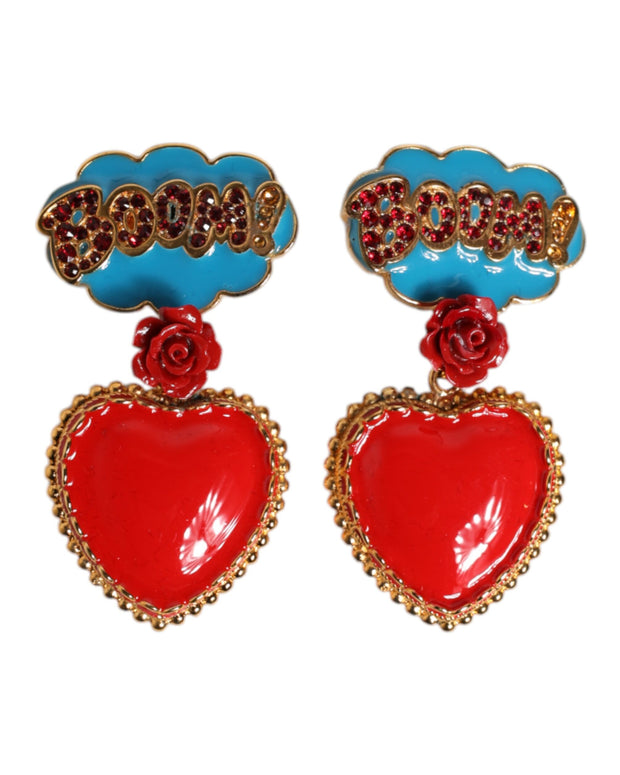 Gold Heart BOOM Cartoon Crystal Clip-On Earrings