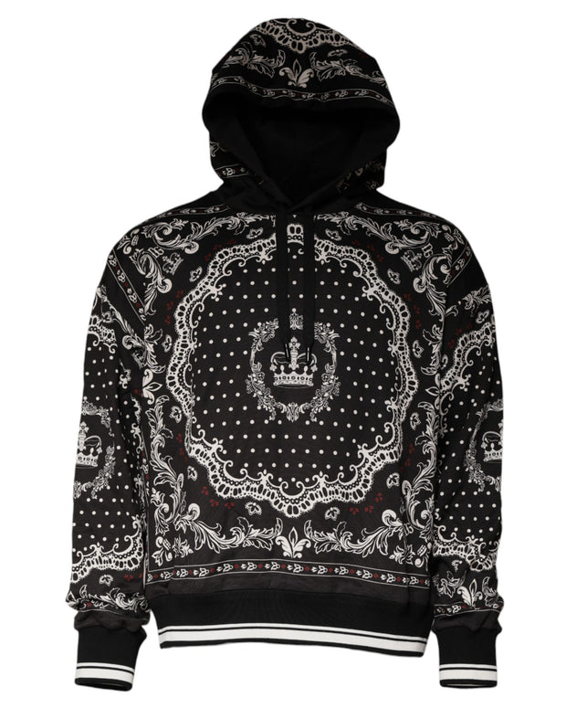 Black Bandana Print Crown Logo Cotton Hoodie Sweater
