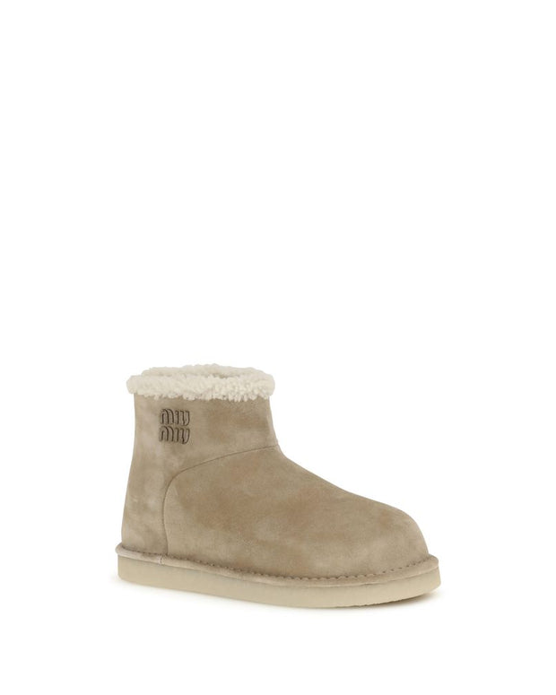 Beige Leather Flat Boots