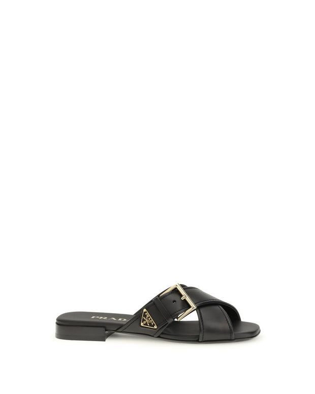 Black Calf Leather Bos Taurus Flat Sandals