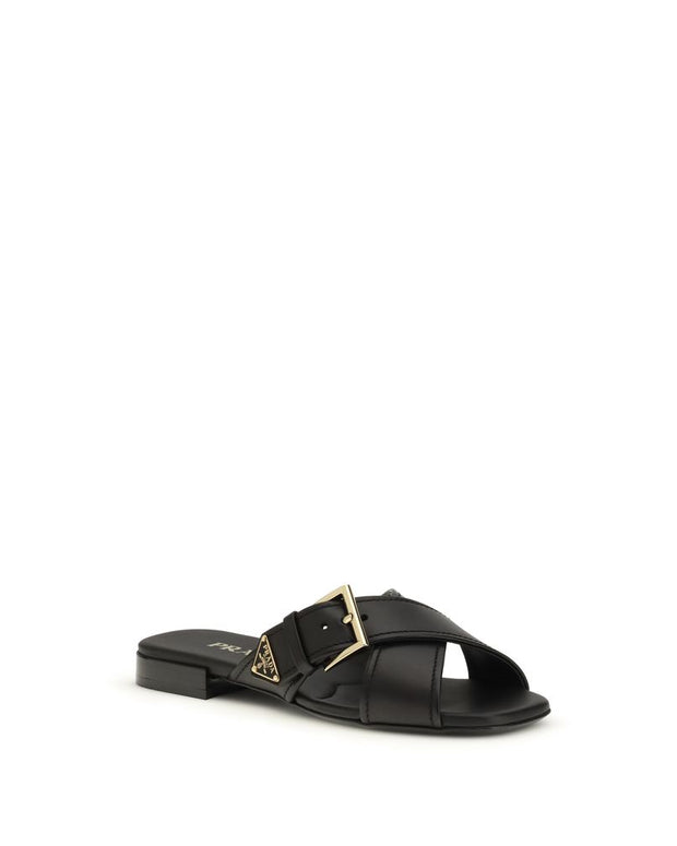Black Calf Leather Bos Taurus Flat Sandals
